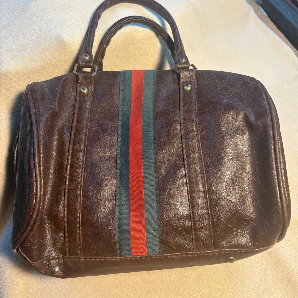 Brown Leather Men's Bag with Stripes